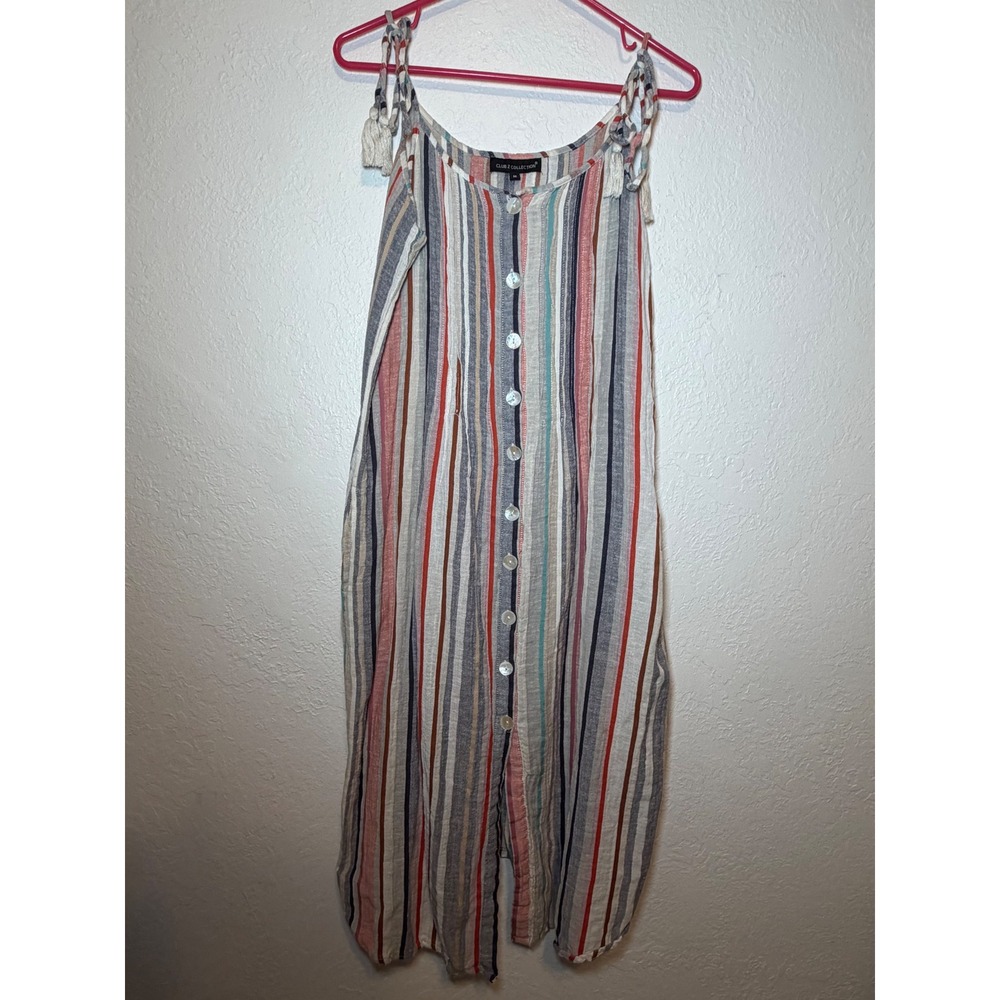 Club Z Collection Multi Stripe Button Front Midi Dress Tassel Straps Khaki M